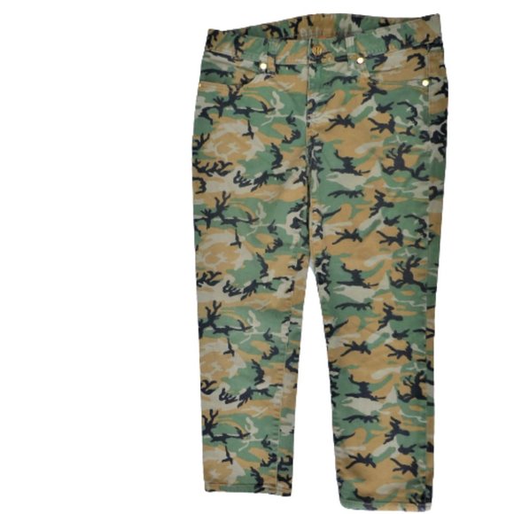 27x23 Tory Burch Designer Cropped Camo Jean Cotton Spandex Gold Logo Hardware - Picture 1 of 12